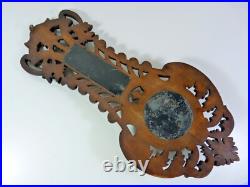 Antique Wall Wood Carved Black Forest Leaves Decoration Barometer & Thermometer