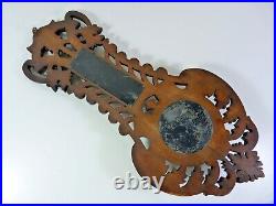 Antique Wall Wood Carved Black Forest Leaves Decoration Barometer & Thermometer
