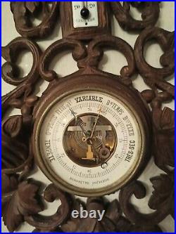 Antique Wall Wood Carved Black Forest Wolf Dog Hunting Barometer Thermometer