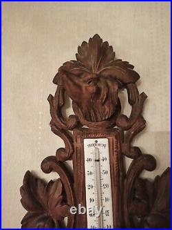 Antique Wall Wood Carved Black Forest Wolf Dog Hunting Barometer Thermometer