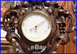 Antique Walnut Wood Carved Black Forest Wall Barometer Thermometer 1890 Signed