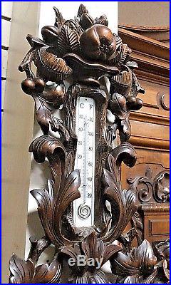 Antique Walnut Wood Carved Black Forest Wall Barometer Thermometer 1890 Signed