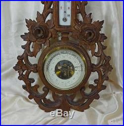 Antique Walnut Wood Carved French Barometer & Thermometer c1870's