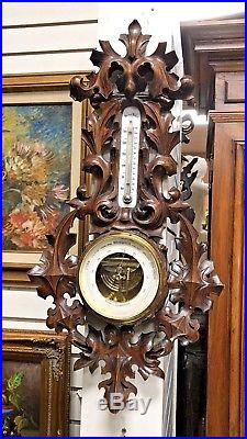 Antique Walnut Wood Carved Wall Barometer Thermometer 1890