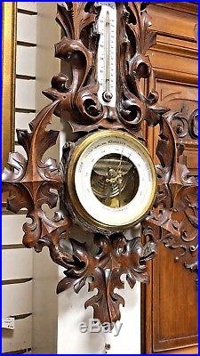 Antique Walnut Wood Carved Wall Barometer Thermometer 1890