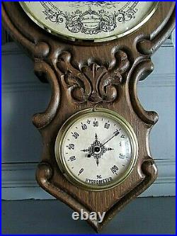 Antique Walnut Wood Ornate Carved Wall Barometer Hydrometer & Thermometer 28