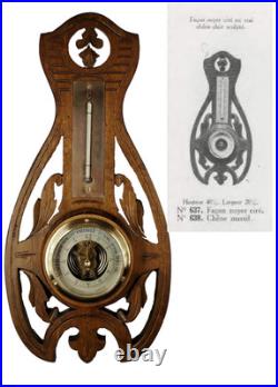 Antique Weather Station Barometer Thermometer in Carved Wood and Beveled Glass Antique Weather Station Barometer Thermometer in Carved Wood and Beveled Glass