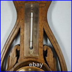 Antique Weather Station Barometer Thermometer in Carved Wood and Beveled Glass Antique Weather Station Barometer Thermometer in Carved Wood and Beveled Glass