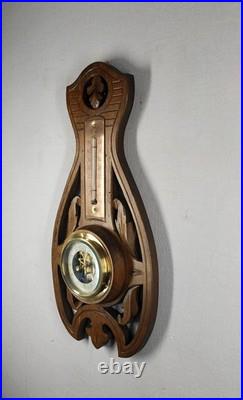 Antique Weather Station Barometer Thermometer in Carved Wood and Beveled Glass Antique Weather Station Barometer Thermometer in Carved Wood and Beveled Glass