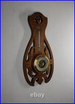 Antique Weather Station Barometer Thermometer in Carved Wood and Beveled Glass Antique Weather Station Barometer Thermometer in Carved Wood and Beveled Glass