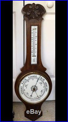 Antique Wood Banjo Shaped Aneroid Barometer & Thermometer 100% Operational