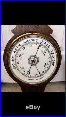 Antique Wood Banjo Shaped Aneroid Barometer & Thermometer 100% Operational