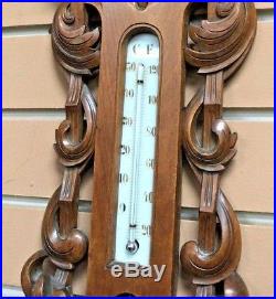 Antique Wood Carved Barometer Thermometer Signed 1890