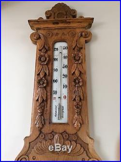 Antique Wood German Wall Barometer & Thermometer Carved Flowers on Oak