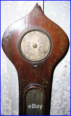 Antique Wooden Hanging Thermometer Barometer W Stenciling Unknown Maker