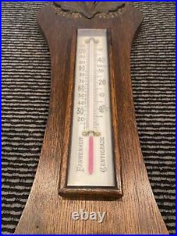 Antique aneroid barometer thermometer hand carved Wood case 31 fahr + centi