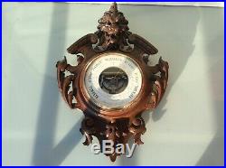 Antique barometer anéroïde Wood carved Paris Dragon Lion head Black Forest Old