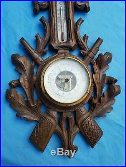 Antique, barometer, thermometer, carved wood, black forest, stamped P. Hubeau, Namur