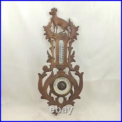 Antique black forest style wood carved design hunting barometer thermometer