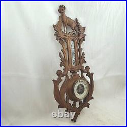 Antique black forest style wood carved design hunting barometer thermometer