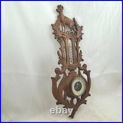 Antique black forest style wood carved design hunting barometer thermometer Antique black forest style wood carved design hunting barometer thermometer