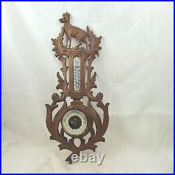Antique black forest style wood carved design hunting barometer thermometer