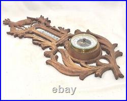 Antique black forest style wood carved design hunting barometer thermometer