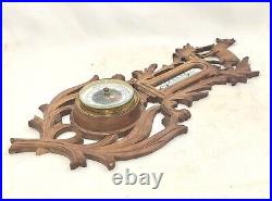 Antique black forest style wood carved design hunting barometer thermometer