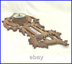 Antique black forest style wood carved design hunting barometer thermometer