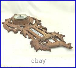 Antique black forest style wood carved design hunting barometer thermometer Antique black forest style wood carved design hunting barometer thermometer