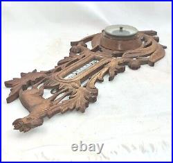 Antique black forest style wood carved design hunting barometer thermometer