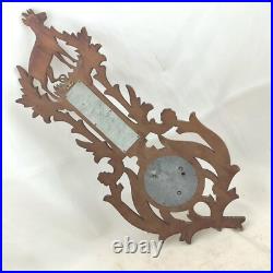Antique black forest style wood carved design hunting barometer thermometer Antique black forest style wood carved design hunting barometer thermometer