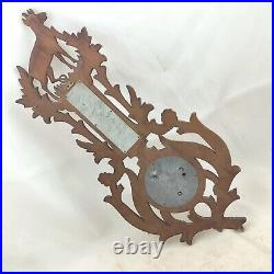 Antique black forest style wood carved design hunting barometer thermometer