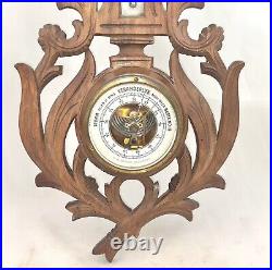 Antique black forest style wood carved design hunting barometer thermometer