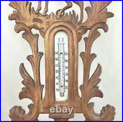 Antique black forest style wood carved design hunting barometer thermometer