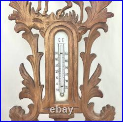 Antique black forest style wood carved design hunting barometer thermometer Antique black forest style wood carved design hunting barometer thermometer