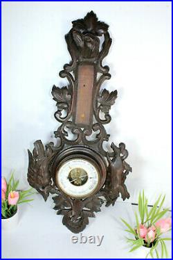 Antique black forest wood carved barometer hunting theme dog