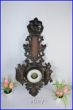 Antique black forest wood carved barometer hunting theme dog