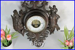 Antique black forest wood carved barometer hunting theme dog
