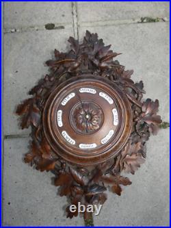 Antique black forest wood carved wall barometer Birds nest oak leaves