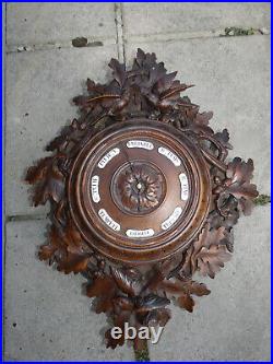 Antique black forest wood carved wall barometer Birds nest oak leaves