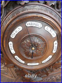 Antique black forest wood carved wall barometer Birds nest oak leaves