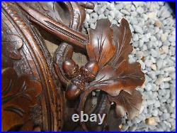 Antique black forest wood carved wall barometer Birds nest oak leaves