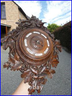 Antique black forest wood carved wall barometer Birds nest oak leaves