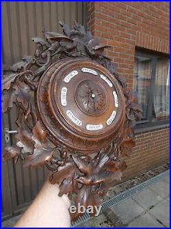 Antique black forest wood carved wall barometer Birds nest oak leaves