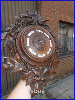 Antique black forest wood carved wall barometer Birds nest oak leaves