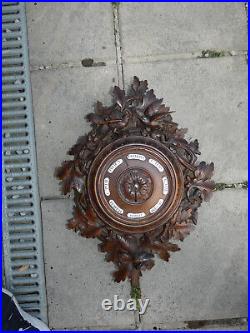 Antique black forest wood carved wall barometer Birds nest oak leaves