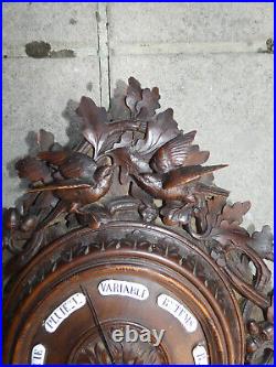 Antique black forest wood carved wall barometer Birds nest oak leaves