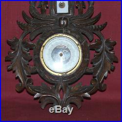 Antique carved Black Forest Wooden wall barometer w R F thermometer AO4020389