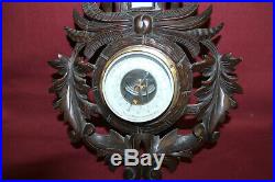 Antique carved Black Forest Wooden wall barometer w R F thermometer AO4020389